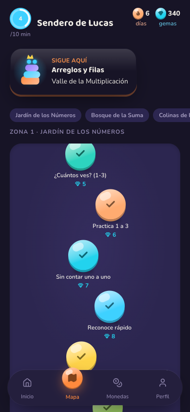 El mismo mapa en Modo Desafío: fondo oscuro, HUD de racha y gemas