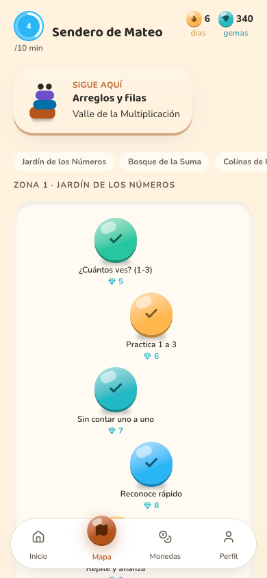 El mapa de Numeland en Modo Explorador, con burbujas de colores por lección