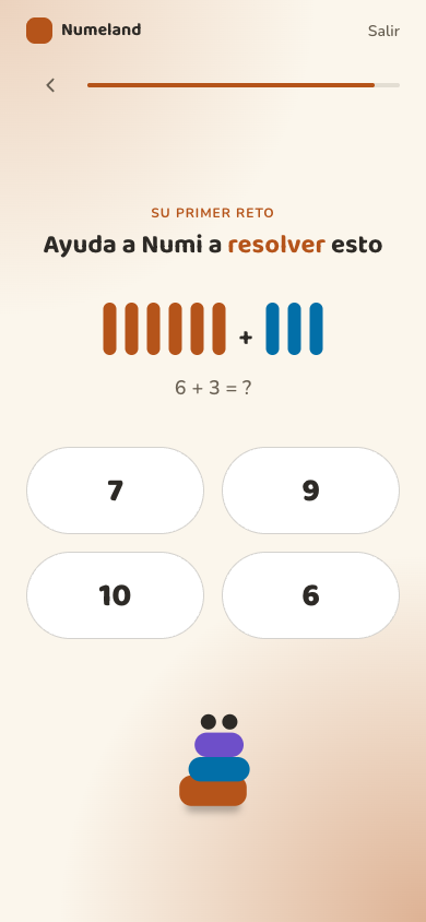 Ayuda a Numi a resolver 6 + 3, con regletas visuales y 4 opciones